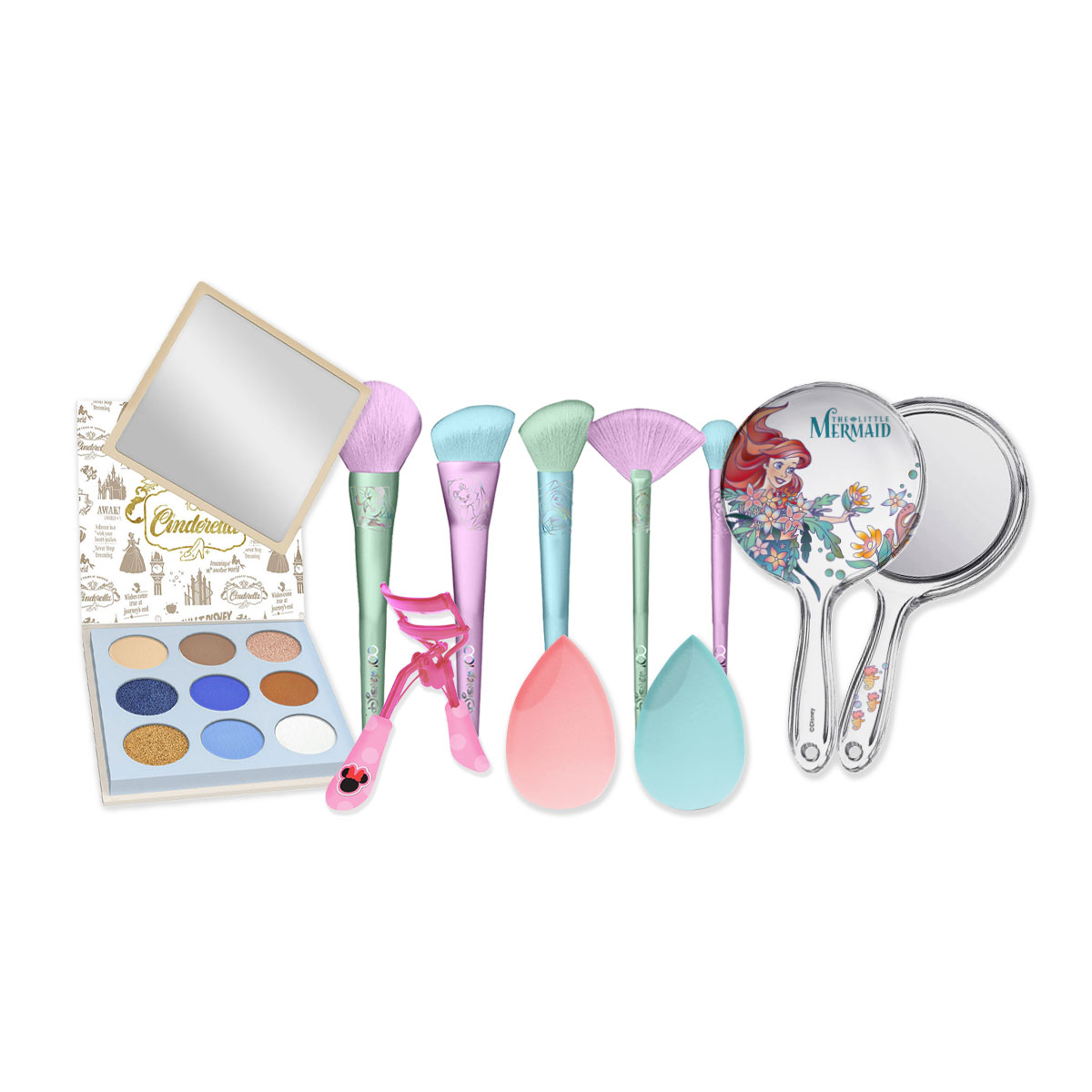 Sombras Cenicienta+ Brochas Maquillaje Holographic+ Espejo Ariel+ Esponjas Ariel+ Enchinador Disney DiVarRos3506