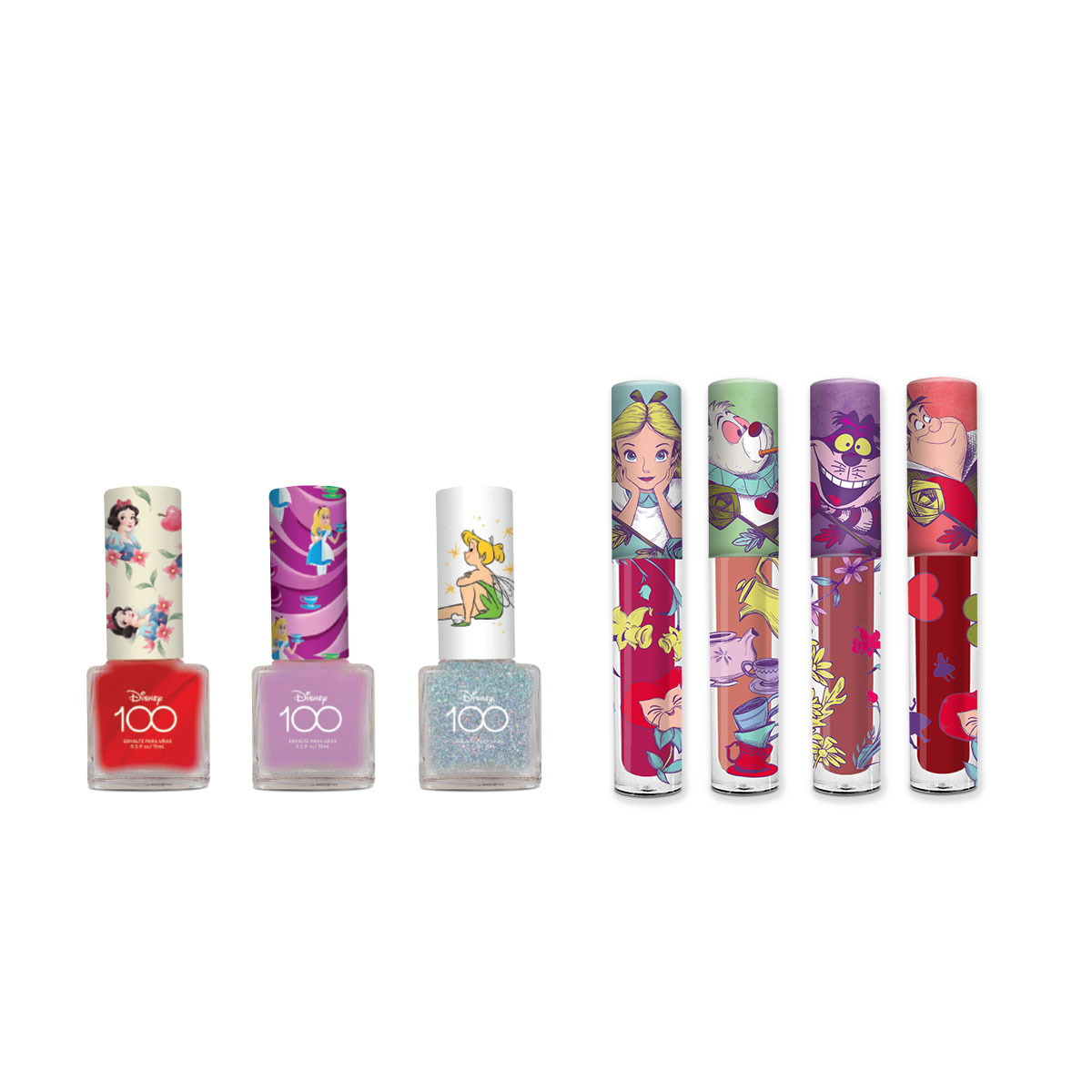 Set de 3 Esmaltes con 4 Labiales Disney 100 Mix de Personajes 7 Piezas