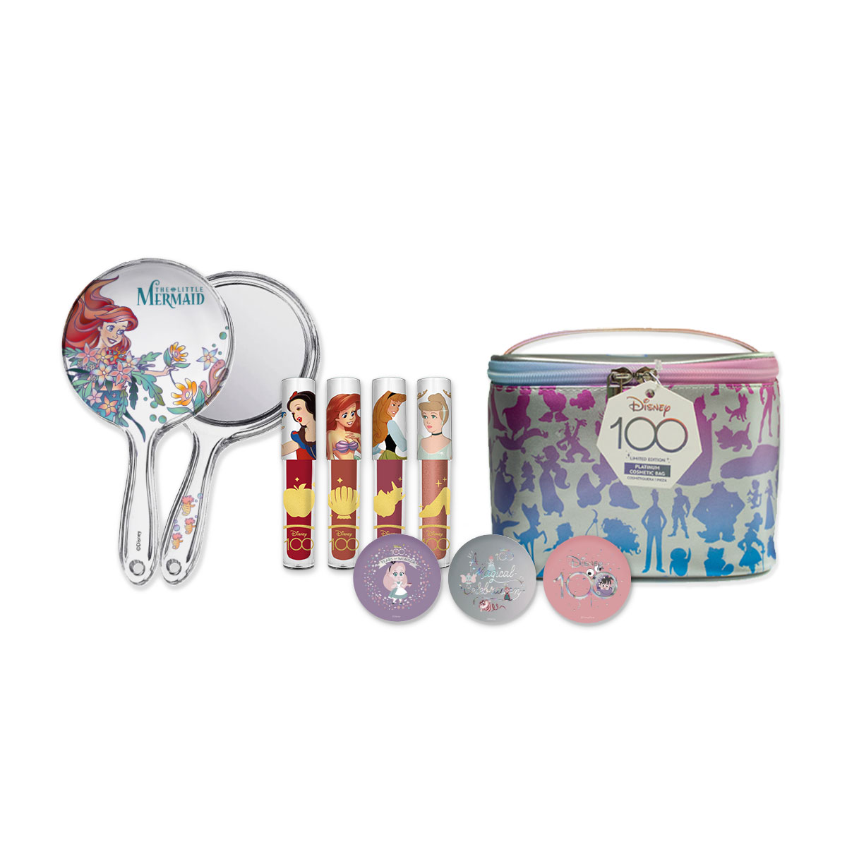 Set de 3 Bálsamos y 4 Labiales con Cosmetiquera Platino Disney Princesas 9 Piezas