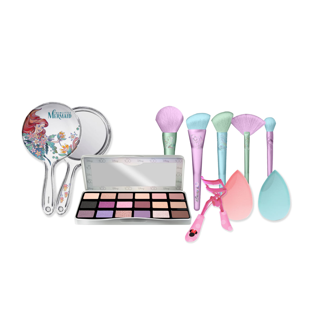 Set Disney de Sombras + Brochas Holographic + Espejo Ariel + Esponjas Aariel y Enchinador