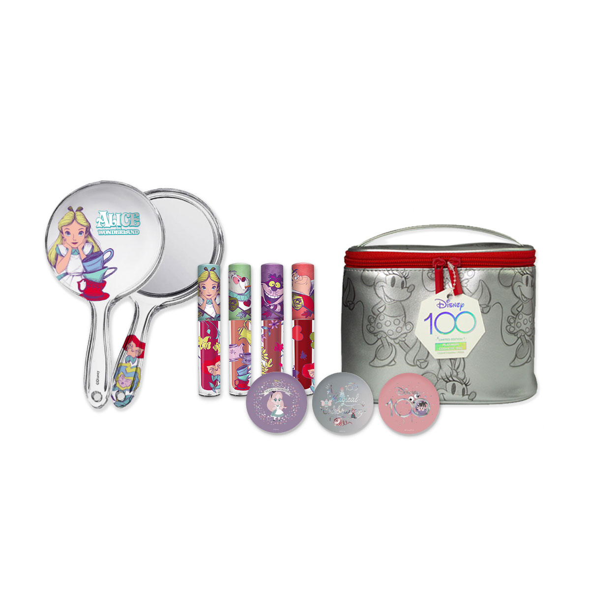 Set Disney de 3 Bálsamos Labios Alegría + 4 Labiales Alicia + Espejo Alicia y Cosmetiquera Minnie Platino