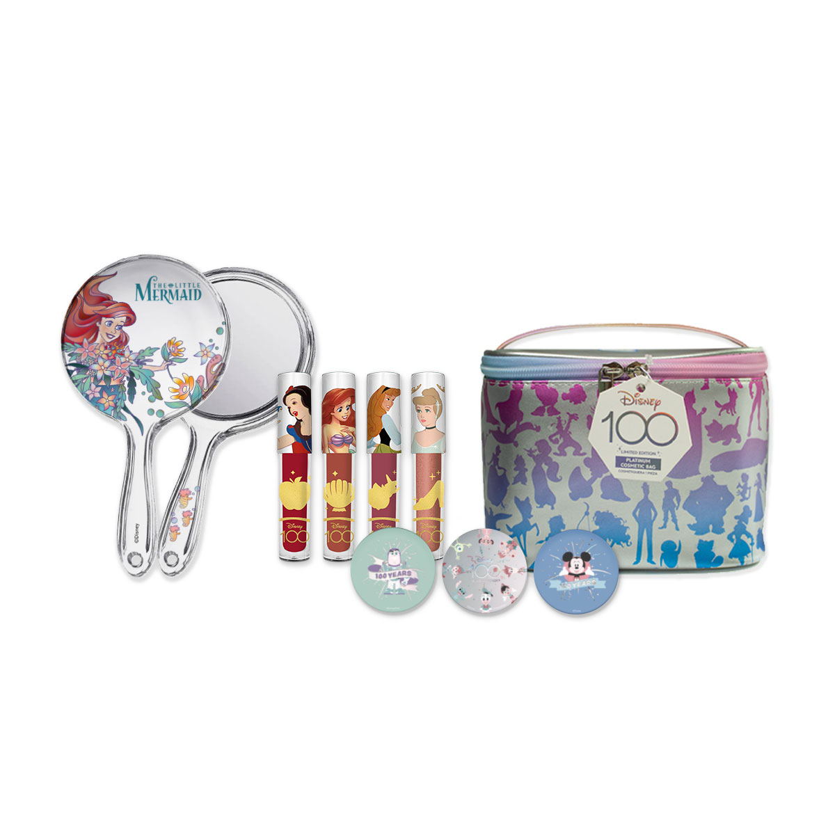 Set Disney de 3 Bálsamos Celebración Mágica + 4 Labiales Princesas Clásicas + Espejo Ariel y Cosmetiquera Platino