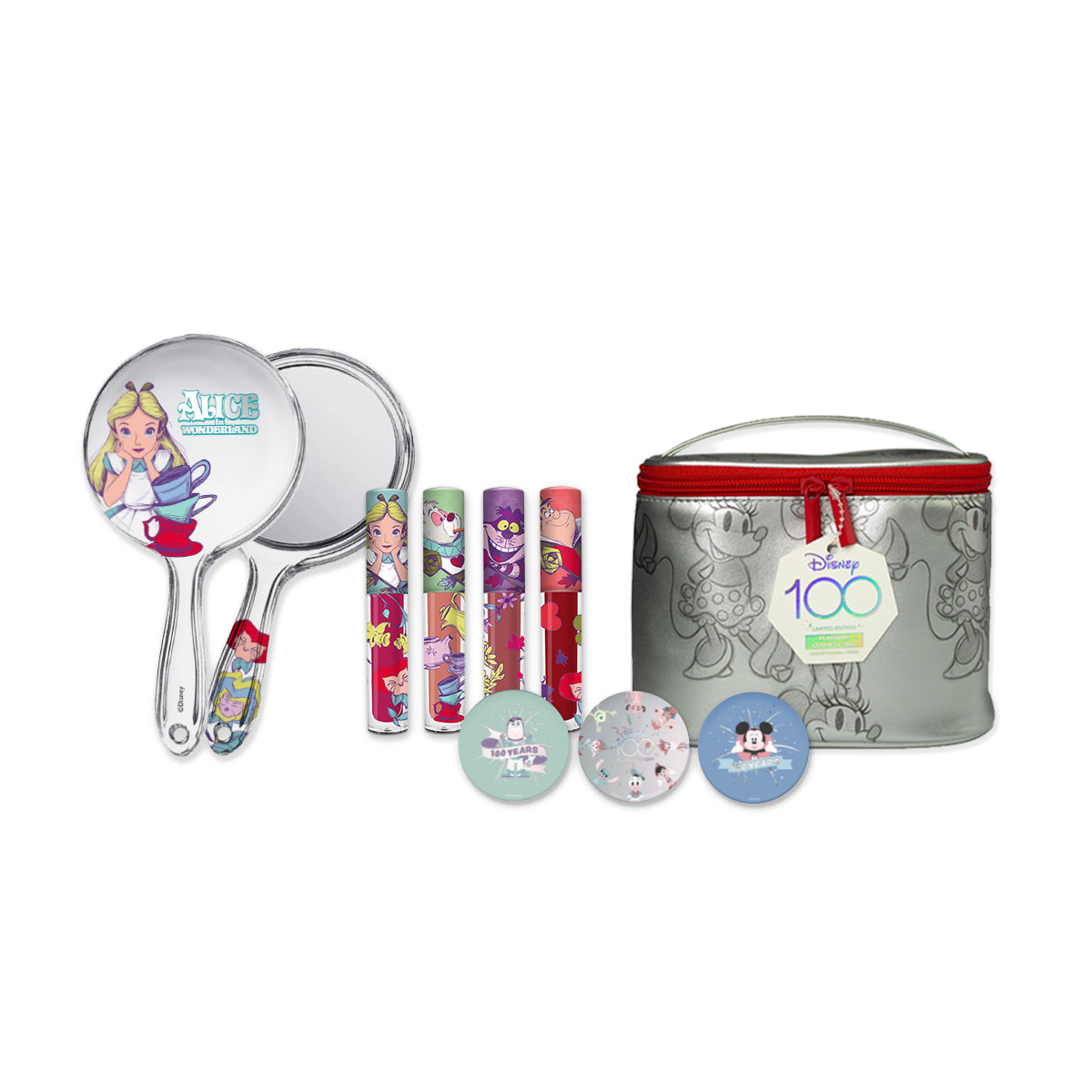 Set Disney 3 Bálsamos Labios Celebración Mágica + 4 Labiales Alicia + Espejo Alicia y Cosmetiquera Minnie Platino