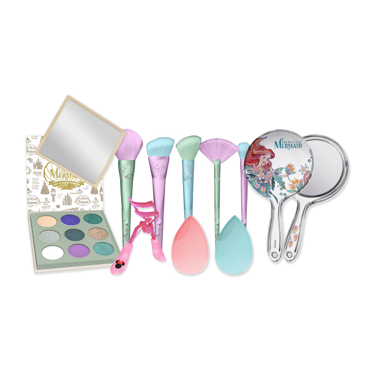 Set Disney de Sombras 9 Colores Ariel + Brochas Maquillaje Holographic + Espejo Ariel + Esponjas Ariel con Enchinador