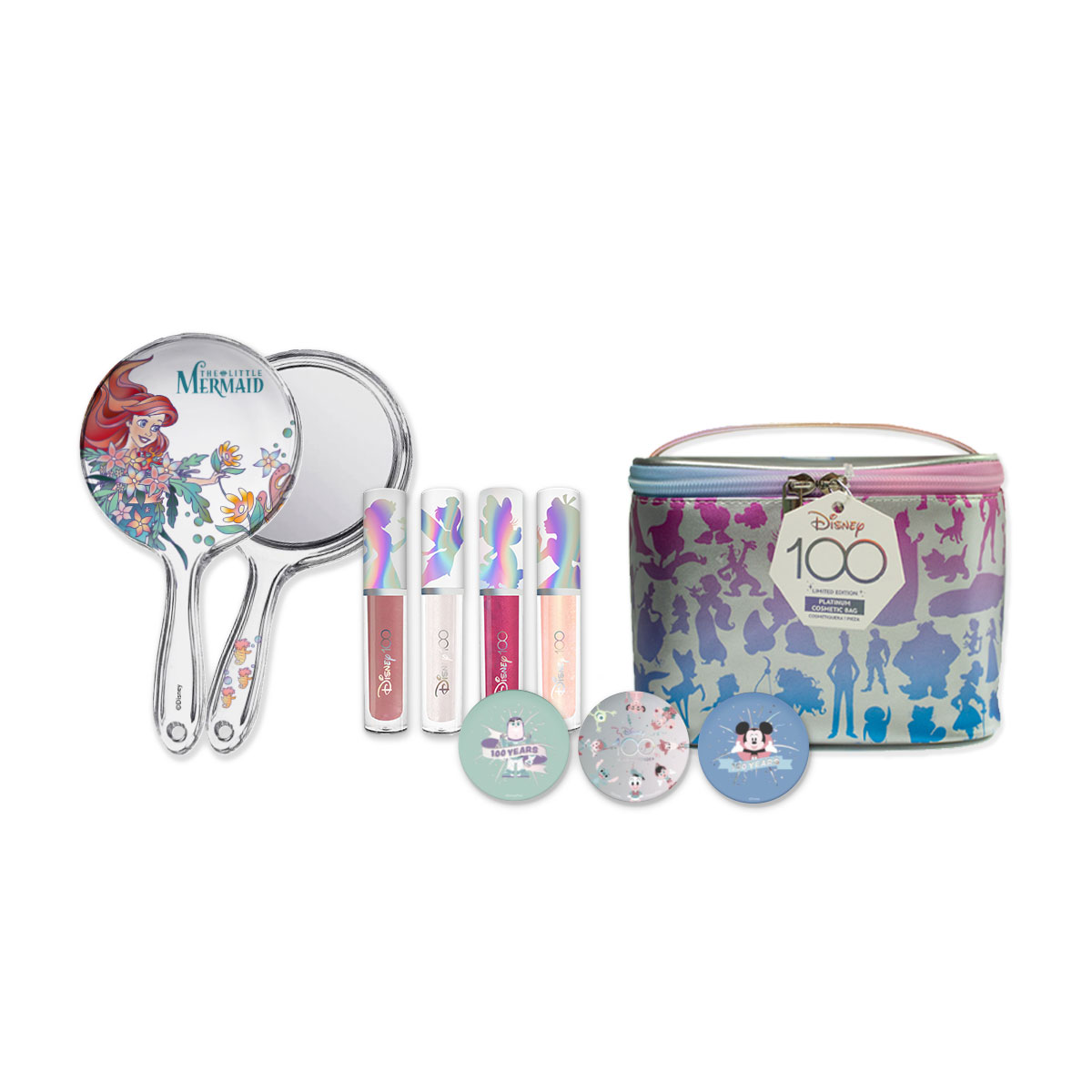 Set Disney 3 Bálsamos Labios Celebración Mágica + 4 Labiales Holográfico + Espejo Ariel y Cosmetiquera Platino