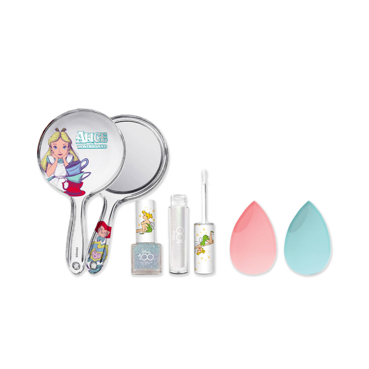 Set Disney de Esmalte y Labial Campanita con Espejo Alicia y 2 Esponjas para Maquillaje Cenicienta