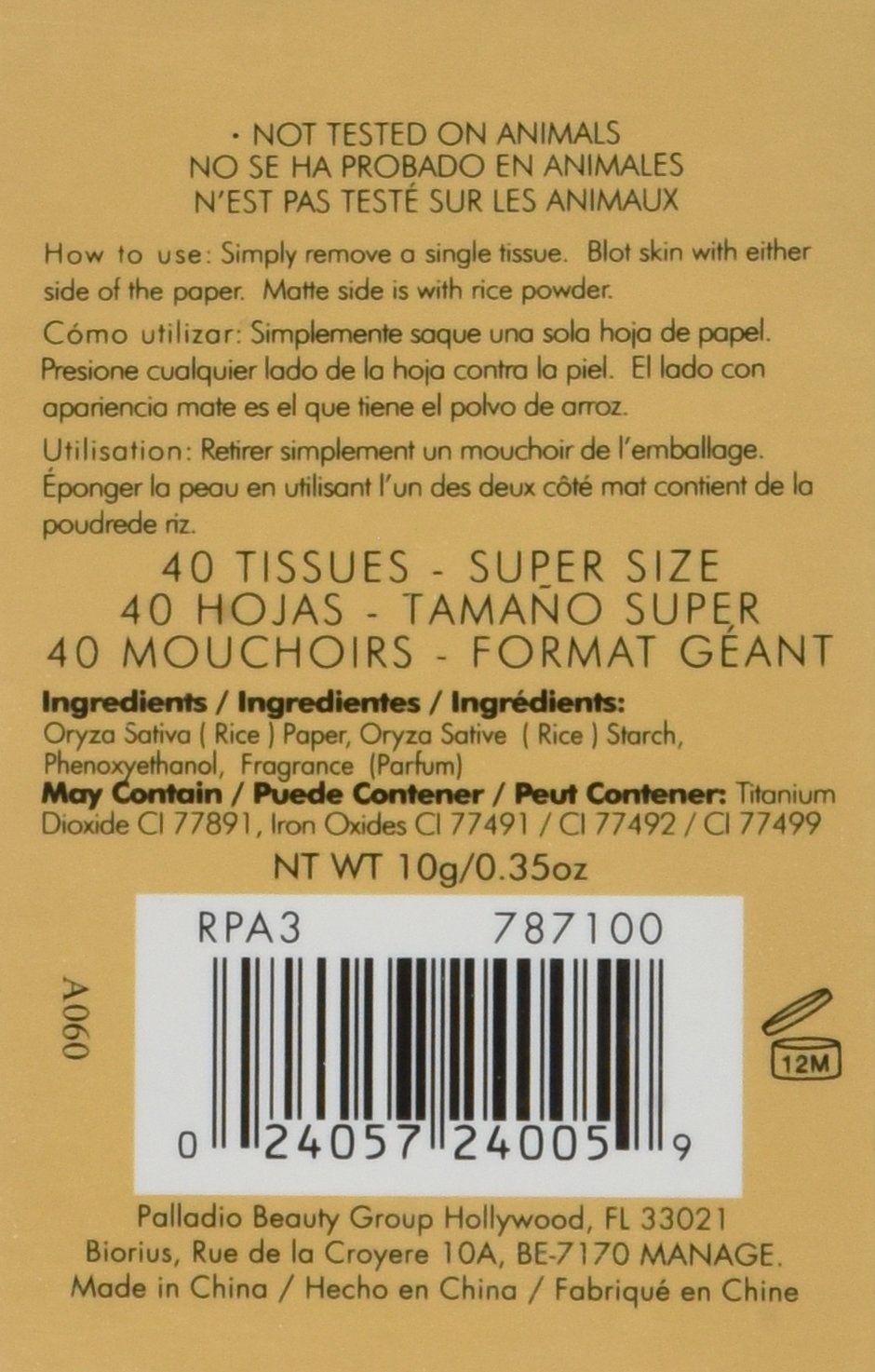 Foto 3 pulgar | Papel Facial Tissue Palladio Rice Para Piel Grasa, 40 Hojas - Venta Internacional.