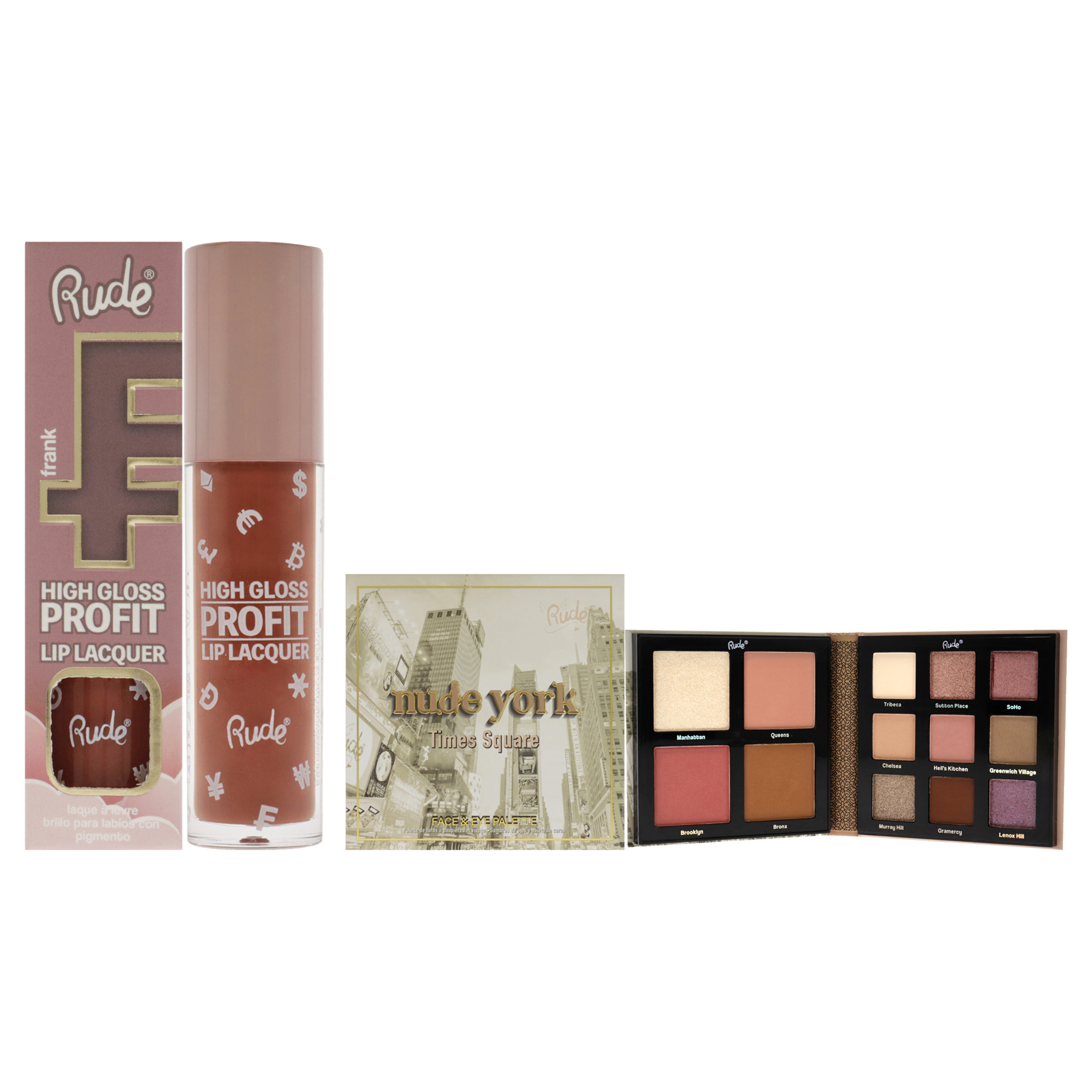 Paleta De Maquillaje Rude Cosmetics Nude York Para Rostro Y Ojos + Brillo De Labios - Venta Internacional.
