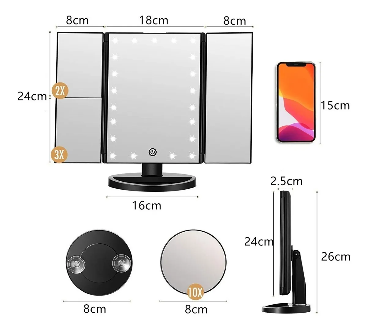 Foto 3 pulgar | Espejo para Maquillaje Luz Tríptico Aumentos