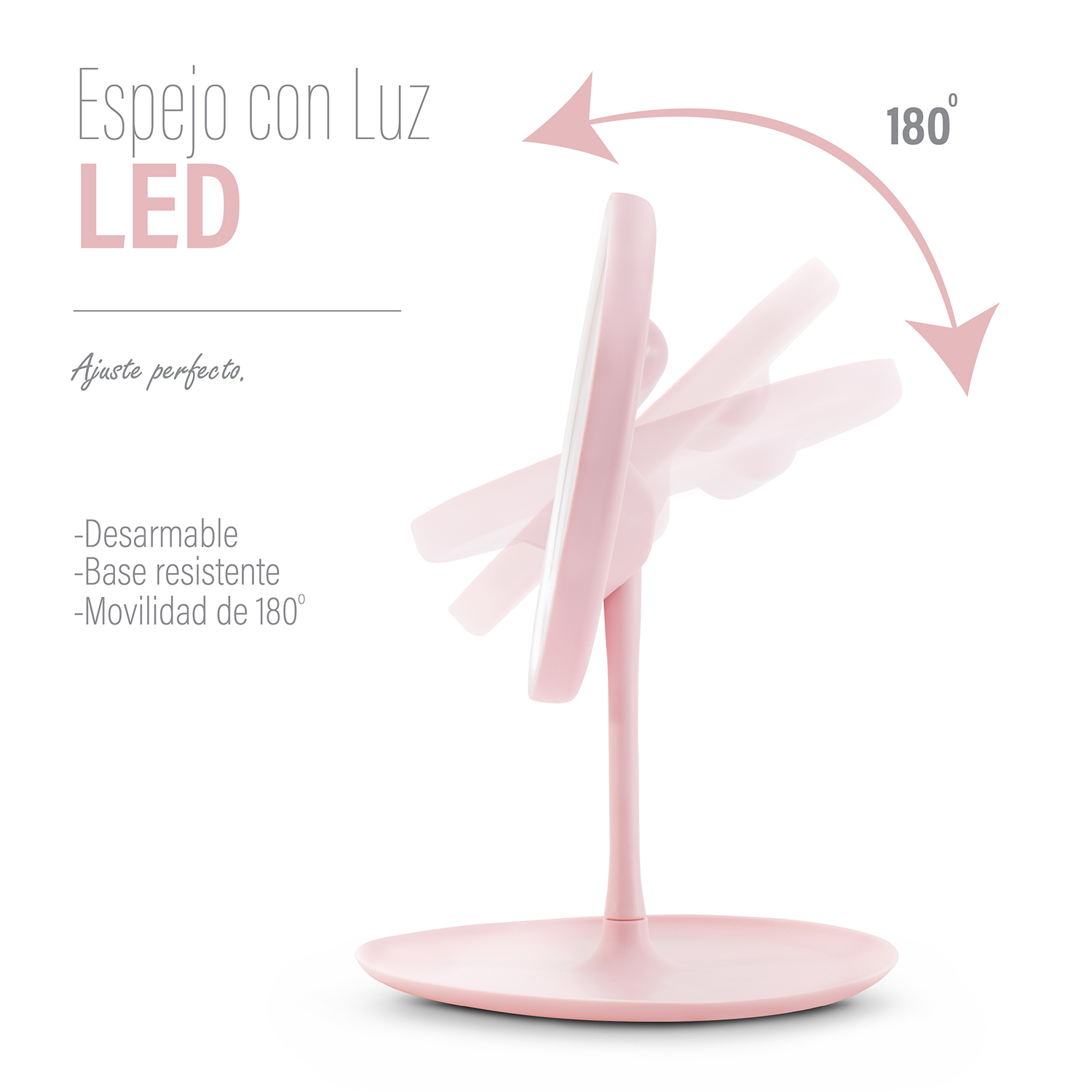 Foto 3 pulgar | Espejo Para Maquillaje Andromeda Inc color Rosa luz Led Redondo 3 Niveles Recargable