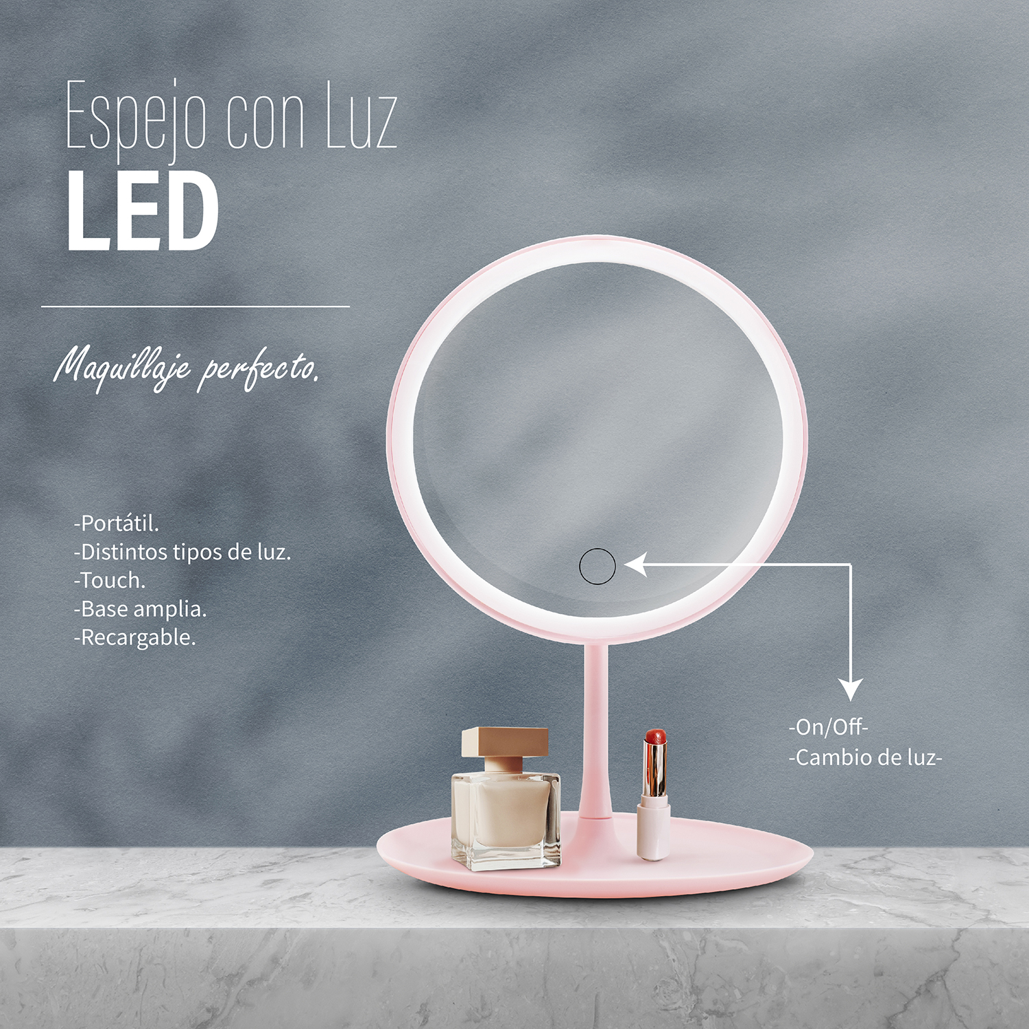 Foto 4 pulgar | Espejo Para Maquillaje Andromeda Inc color Rosa luz Led Redondo 3 Niveles Recargable