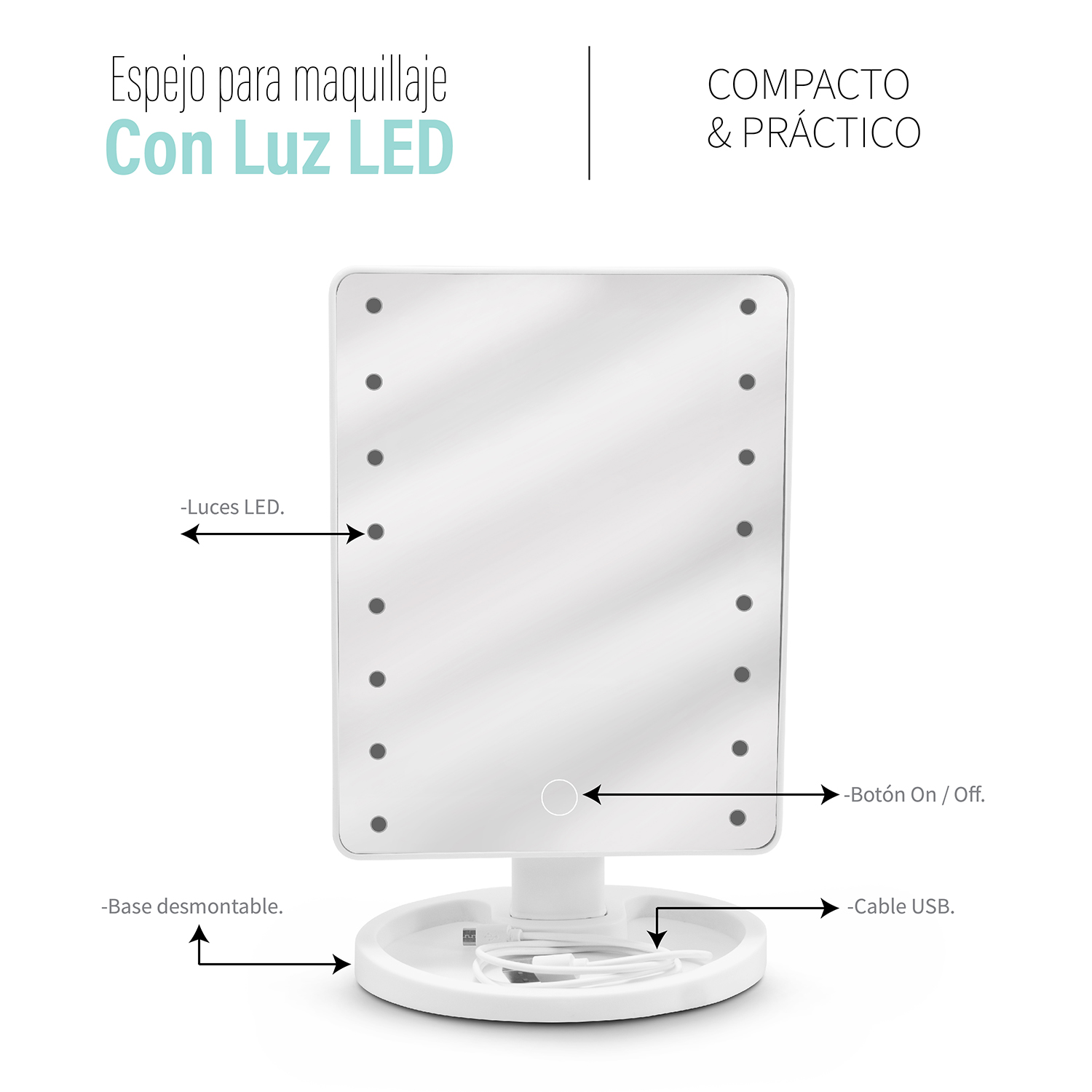 Foto 3 pulgar | Espejo para Maquillaje Touch con Luz Led Recargable