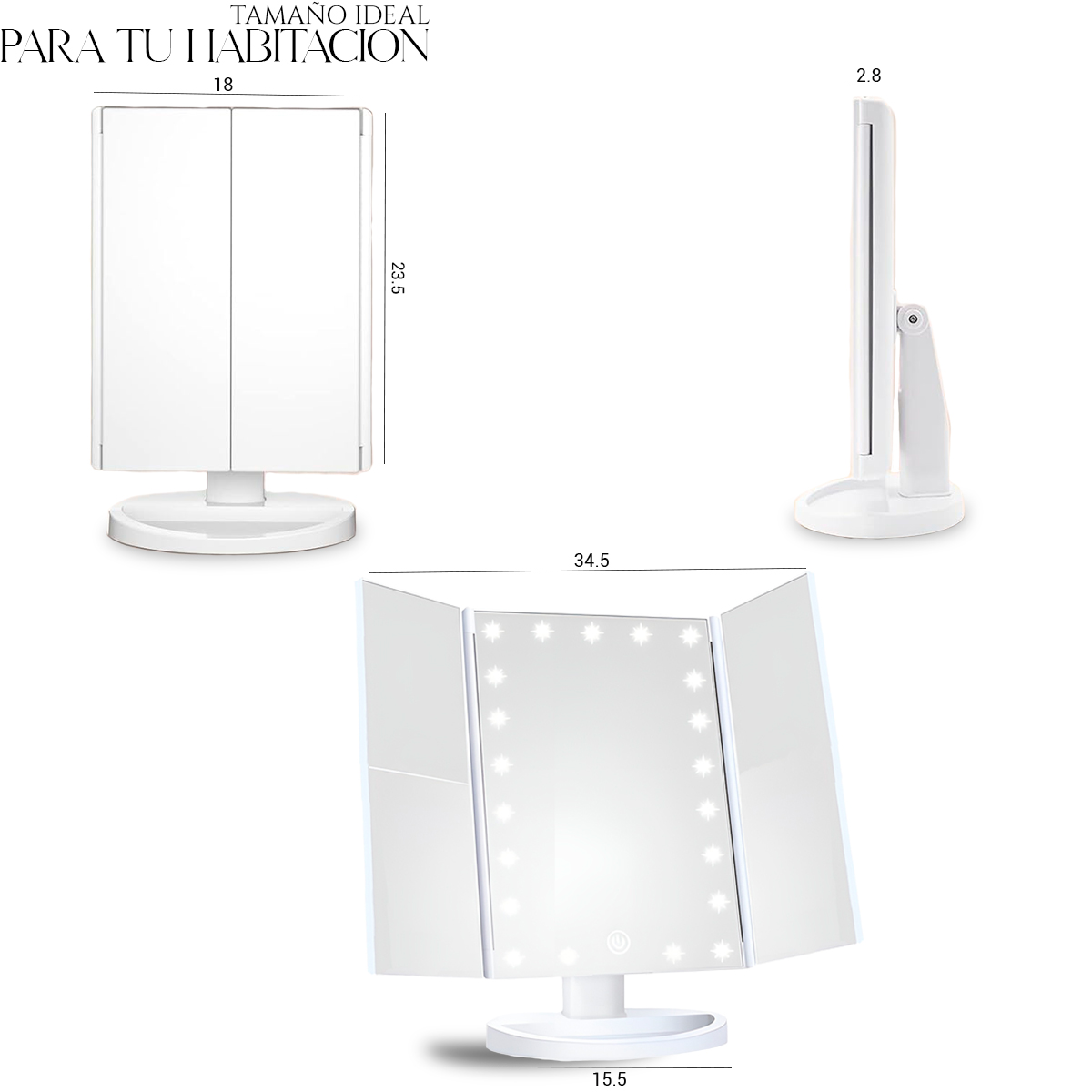 Foto 4 pulgar | Espejo De Maquillaje Led Con Pantalla Táctil Rotacion 361 Blanco