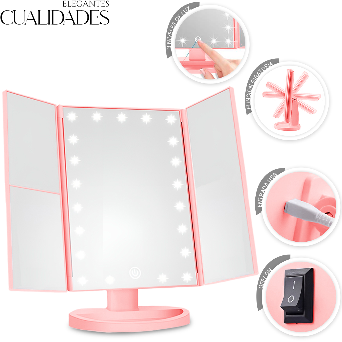 Foto 2 | Espejo De Maquillaje Led Con Pantalla Táctil Rotacion 360 Rosa