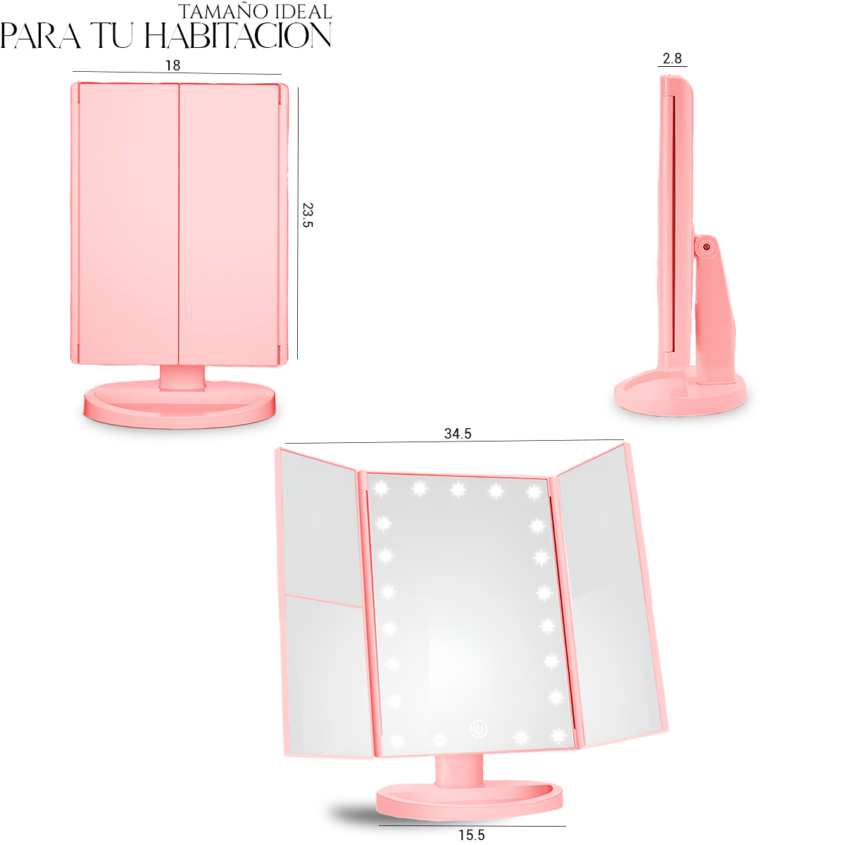 Foto 4 pulgar | Espejo De Maquillaje Led Con Pantalla Táctil Rotacion 360 Rosa