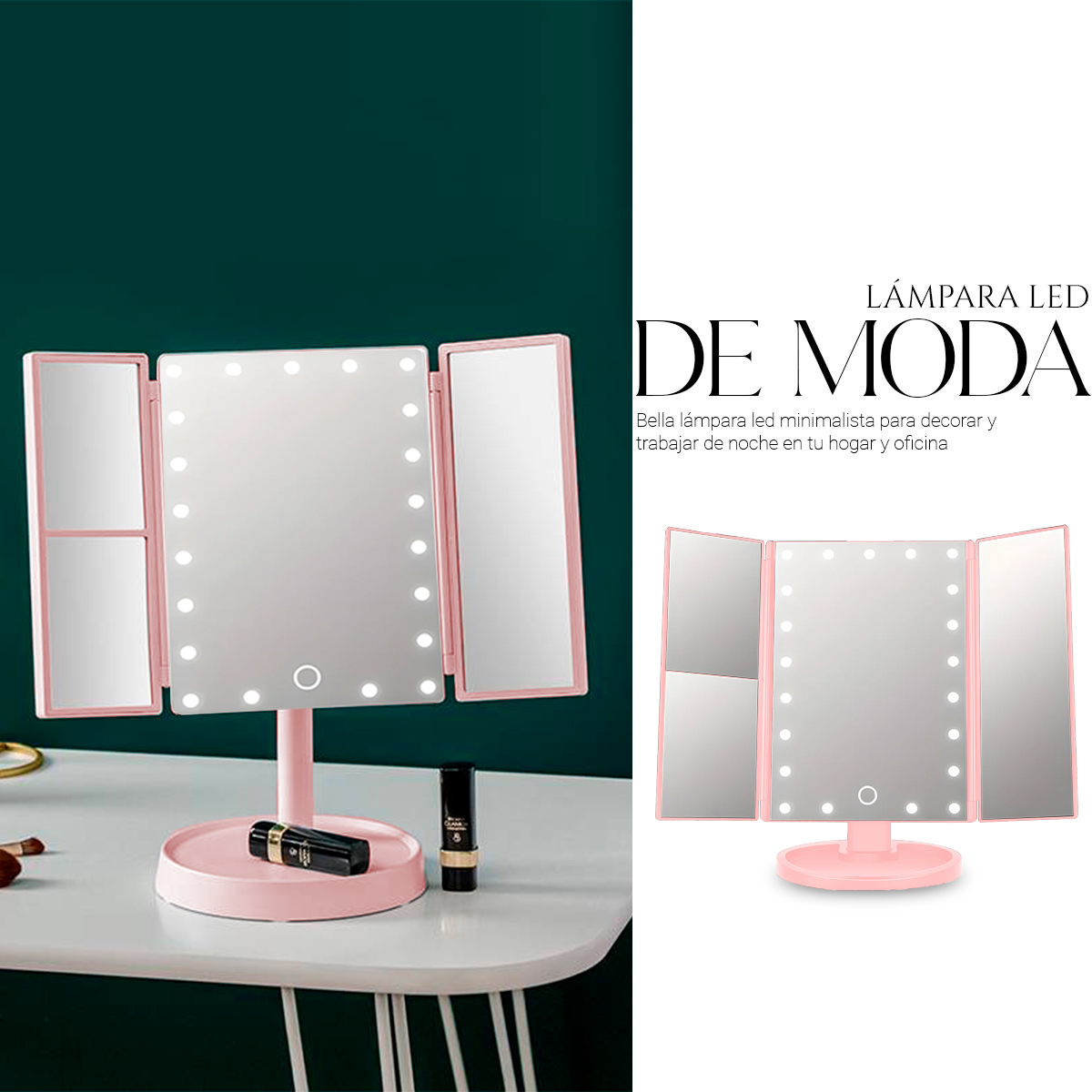 Foto 4 | Espejo De Maquillaje Led Con Pantalla Táctil Rotacion 360 Rosa