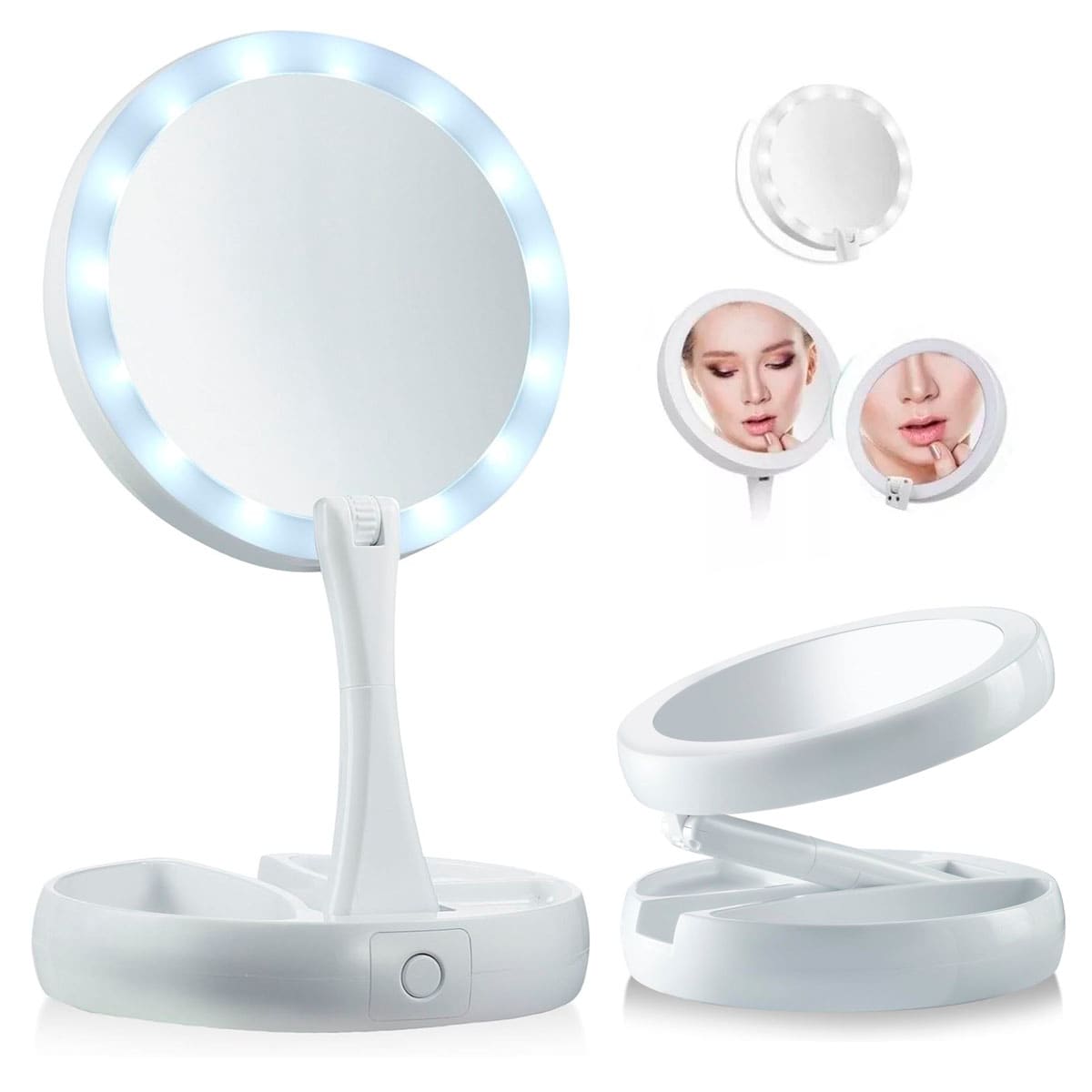 Espejo De Maquillaje Luz Led Doble Cara Ajustable Plegable Color Del Marco Blanco $499