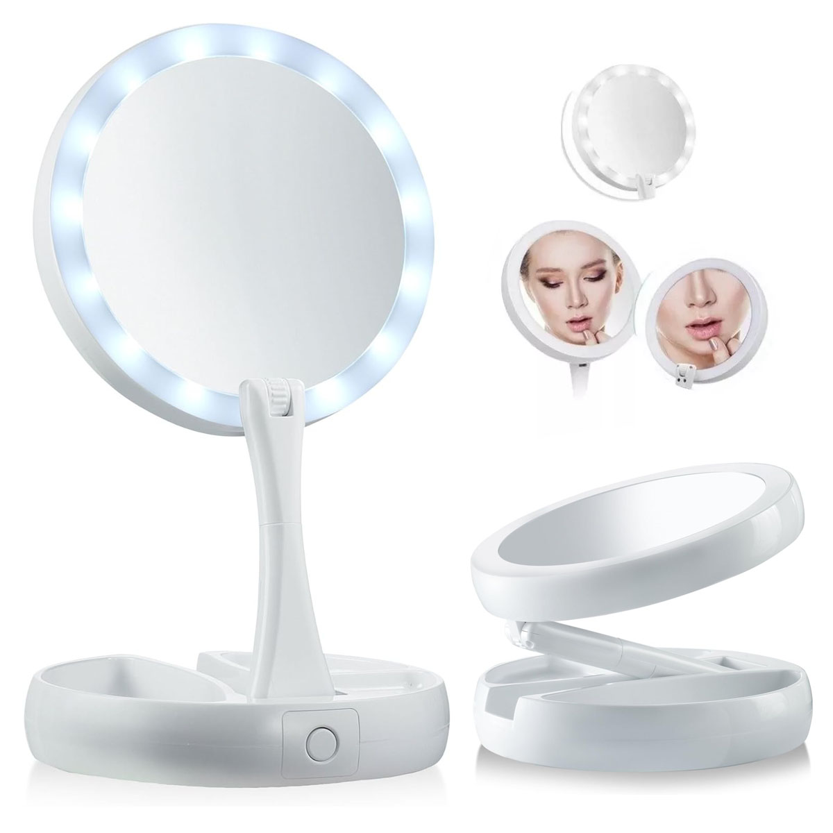 Espejo De Maquillaje Luz Led Doble Cara Ajustable Plegable Color Del Marco Blanco