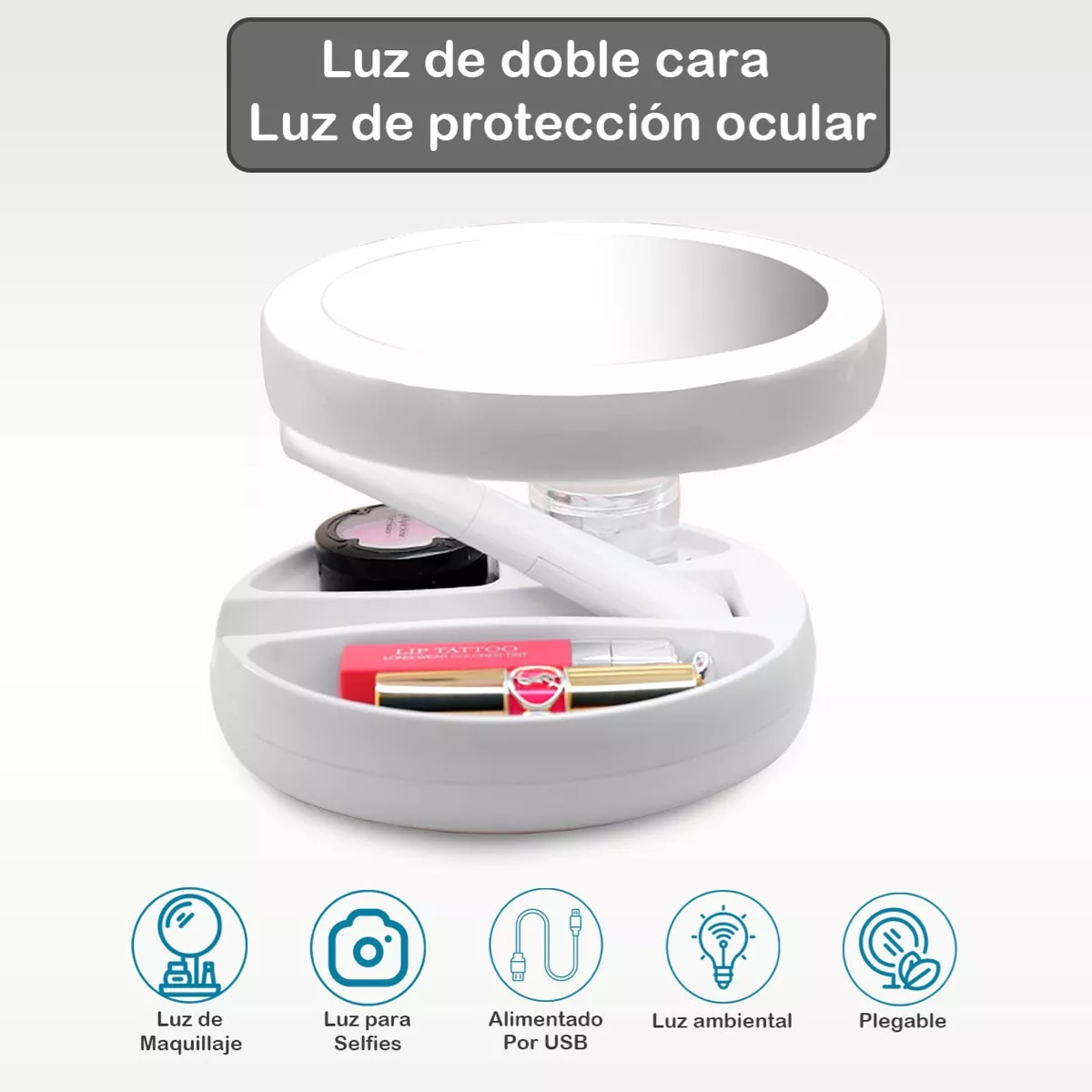 Foto 3 | Espejo De Maquillaje Luz Led Doble Cara Ajustable Plegable Color Del Marco Blanco