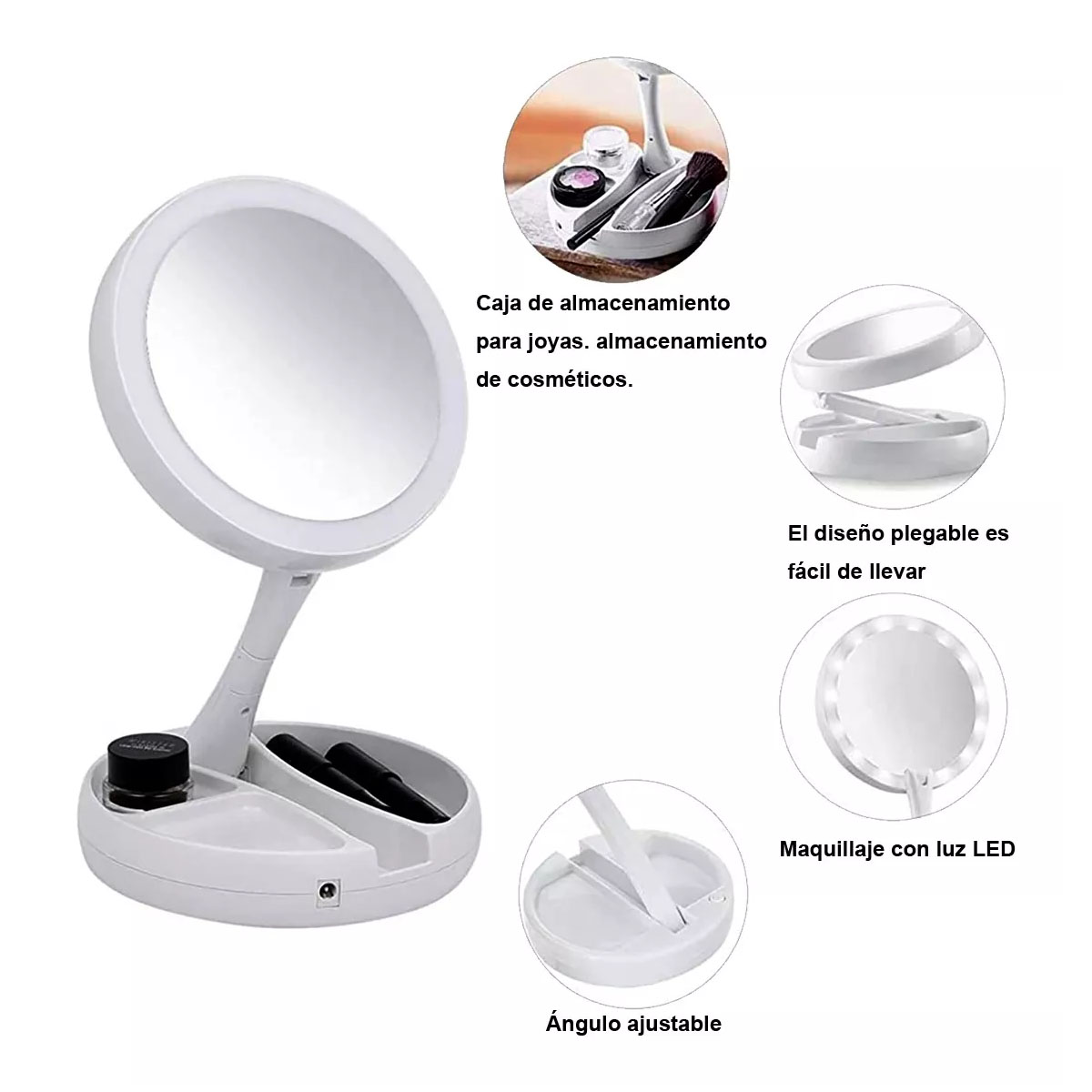 Foto 6 pulgar | Espejo De Maquillaje Luz Led Doble Cara Ajustable Plegable Color Del Marco Blanco