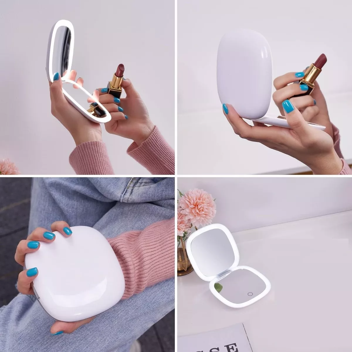 Foto 4 pulgar | Espejo de Maquillaje Portátil con Luz LED Ajustable y Carga USB Blanco