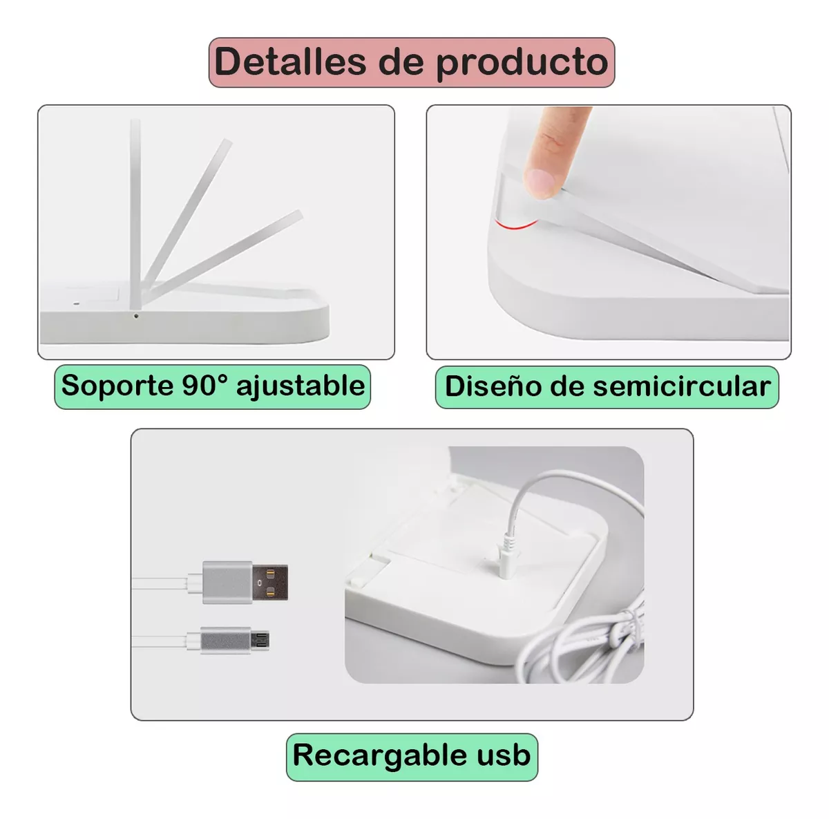 Foto 3 pulgar | Espejo de Maquillaje Led de 3 Niveles Recargable Usb Blanco