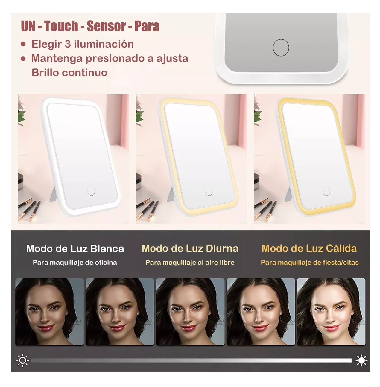 Foto 5 pulgar | Espejo de Maquillaje Led de 3 Niveles Recargable Usb Blanco