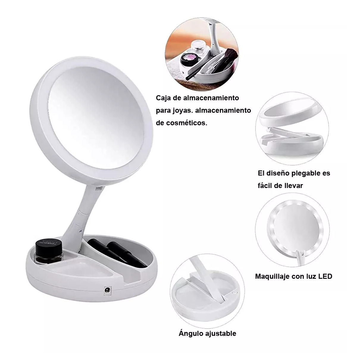 Foto 4 pulgar | Espejo De Maquillaje Luz Led Doble Cara Ajustable Plegable Color Del Marco Blanco