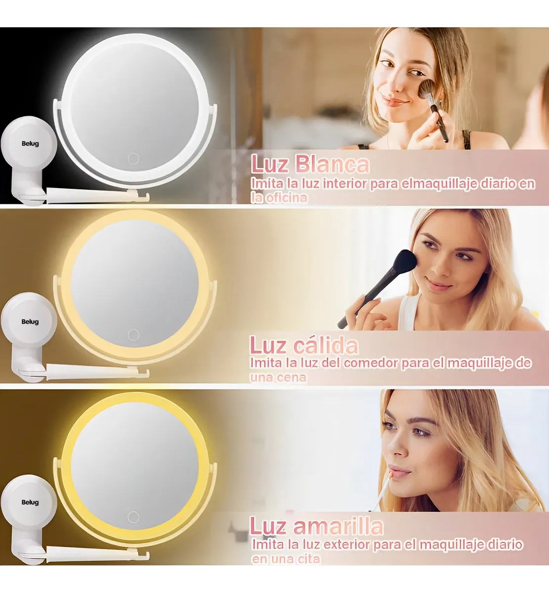 Foto 4 pulgar | Espejo Con Luz Belug Para Maquilla Aumento Ajustable Táctil 3modos Blanco