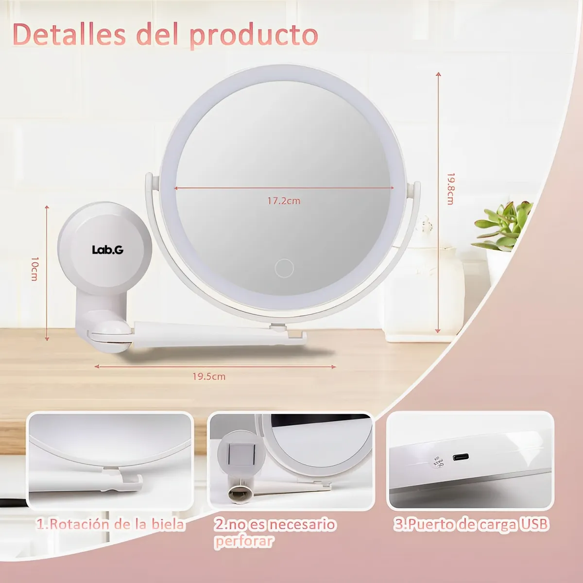 Foto 4 | Espejo Con Luz Lab.g Para Maquilla Aumento Ajustable Táctil 3modos Blanco