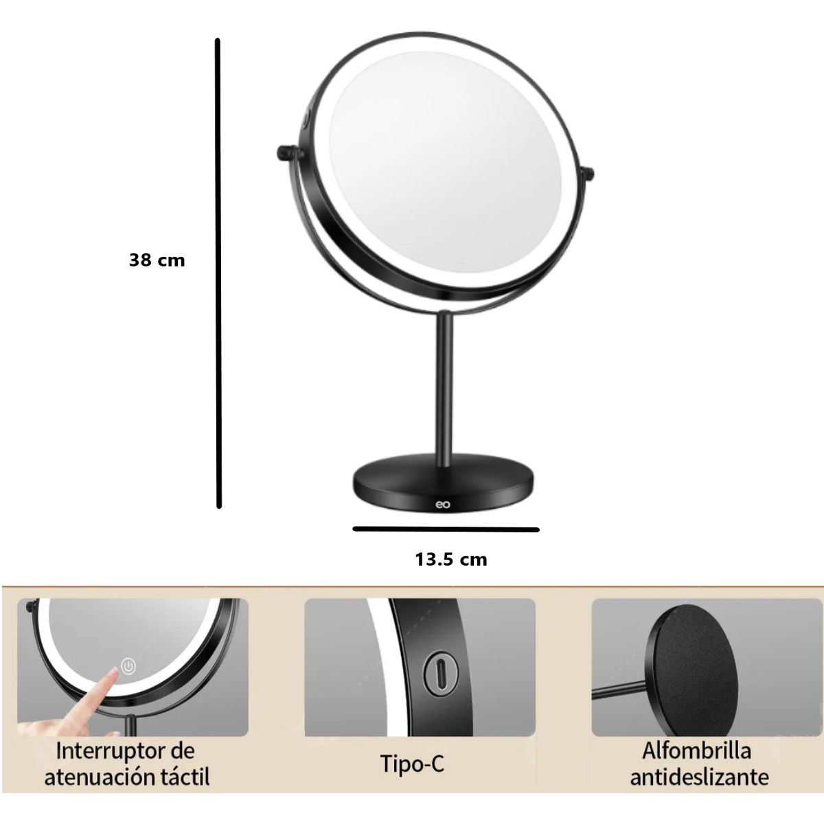 Foto 4 pulgar | Espejo Cosmético Iluminado Con Soporte Doble Cara Recargable Eo Safe Imports Esi-19021 Negro