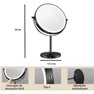 Foto 3 | Espejo Cosmético Iluminado Con Soporte Doble Cara Recargable Eo Safe Imports Esi-19021 Negro