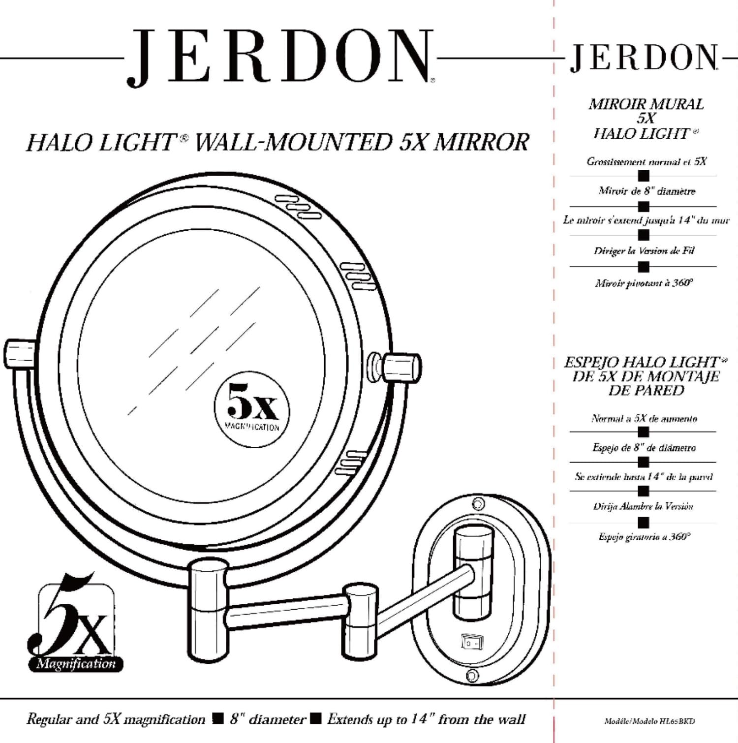 Foto 7 pulgar | Espejo De Maquillaje Jerdon Montado En La Pared Con Iluminación De Aumento 5x - Venta Internacional.