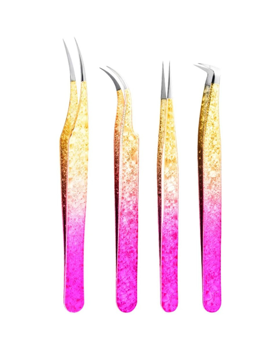 Kit 4pzs Pinzas Para Pestañas Version Oro Rosa Mink Volumen