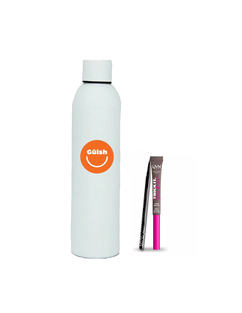 Kit Gel De Cejas Con Color + Delineador Liquido Negro De Nyx + Termo De Agua De Regalo Güish