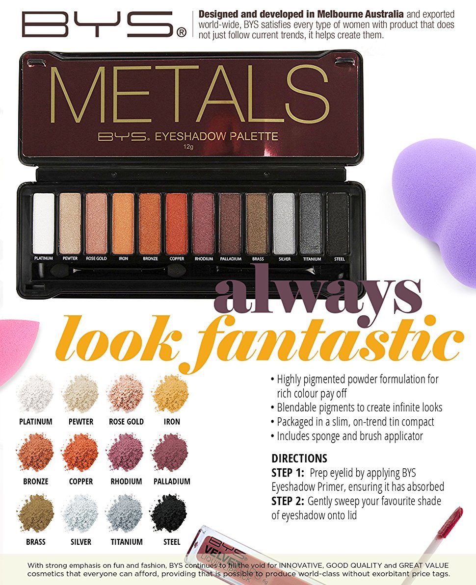 Foto 5 | Paleta De Sombras De Ojos Bys Metals, 12 Tonos Metálicos Con Espejo - Venta Internacional.