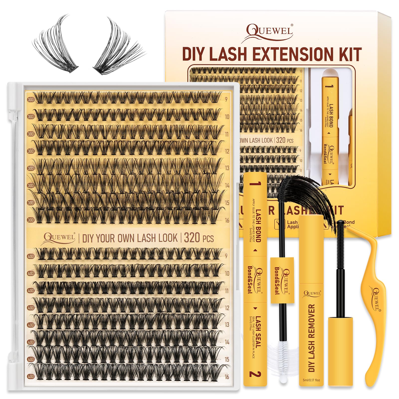 Kit De Extensión De Pestañas Quewel 320 Lash Clusters 30d+40d 9-16 Mm - Venta Internacional.