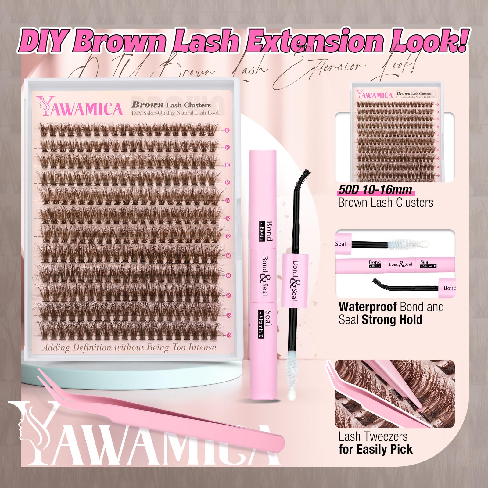 Foto 2 | Kit De Extensión De Pestañas Yawamica Brown Lash Clusters 10-16 Mm - Venta Internacional.