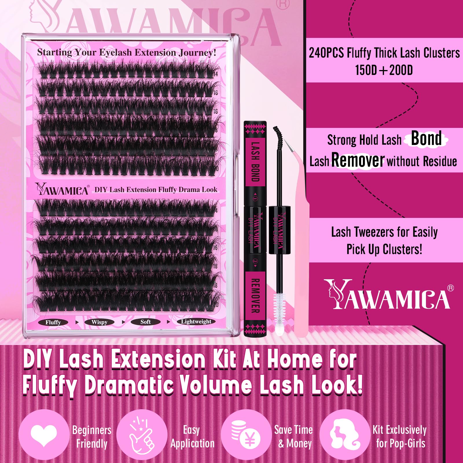 Foto 3 pulgar | Kit De Extensión De Pestañas Yawamica Fluffier Lash Clusters 150d+200d - Venta Internacional.