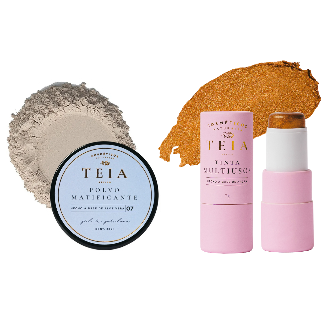 Kit Teia Cosméticos Glow Control Blush en Barra Multiusos Beso de Sol + Polvo Matificante