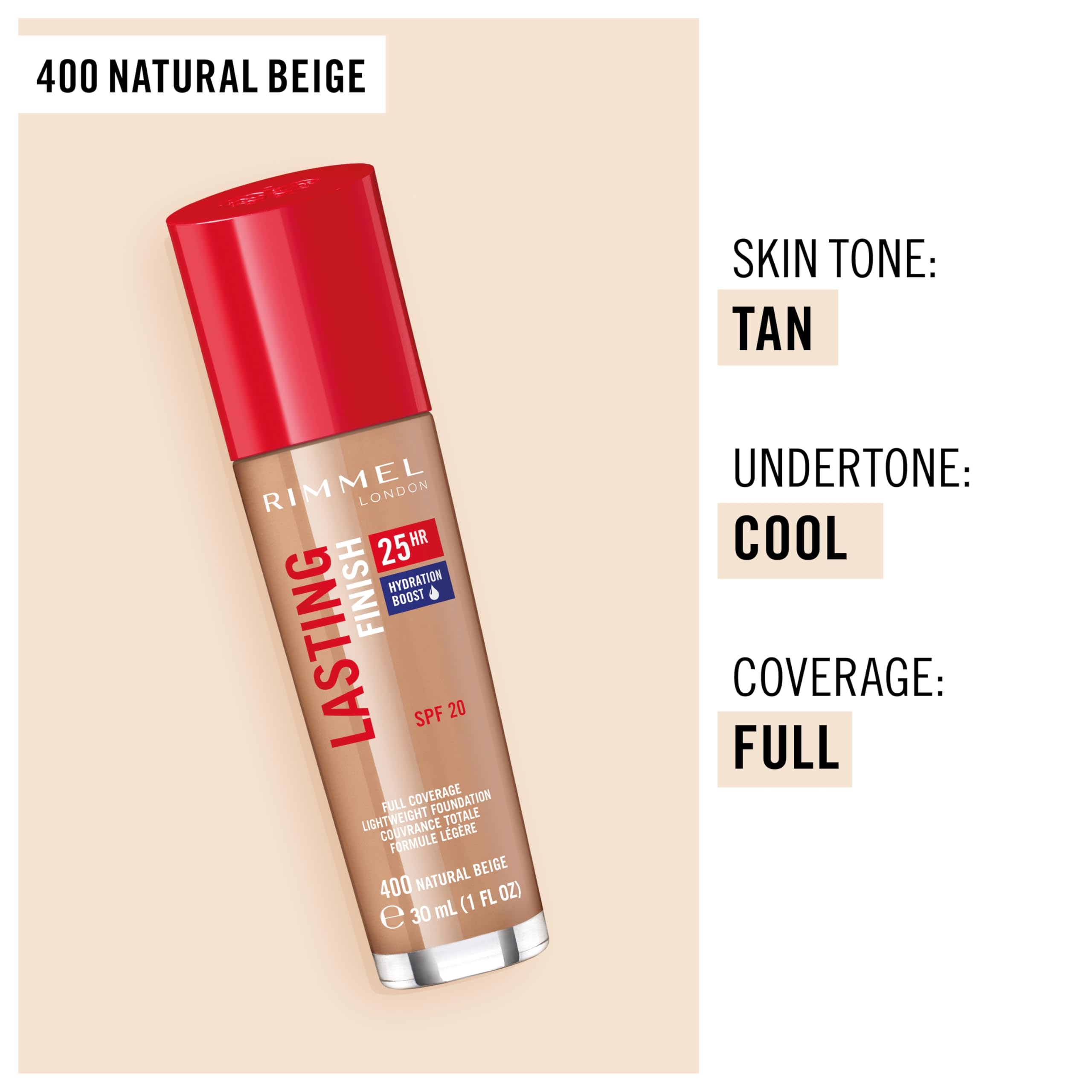 Foto 5 pulgar | Base Rimmel London Lasting Finish 25 Hr 400, Color Beige Natural - Venta Internacional.