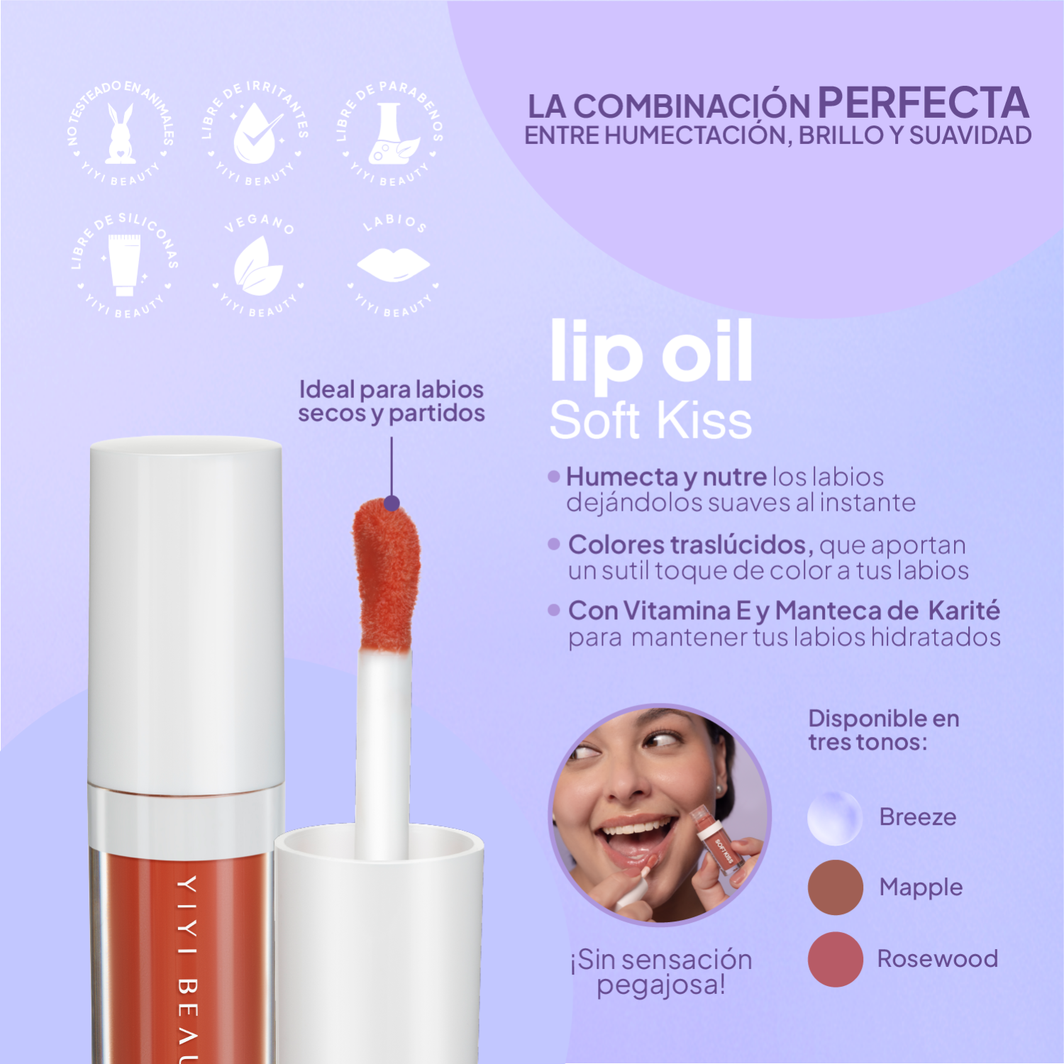 Foto 4 pulgar | Aceite labial Soft Kiss Rosewood de YIYI BEAUTY Humectación/Brillo y Suavidad en tus Labios