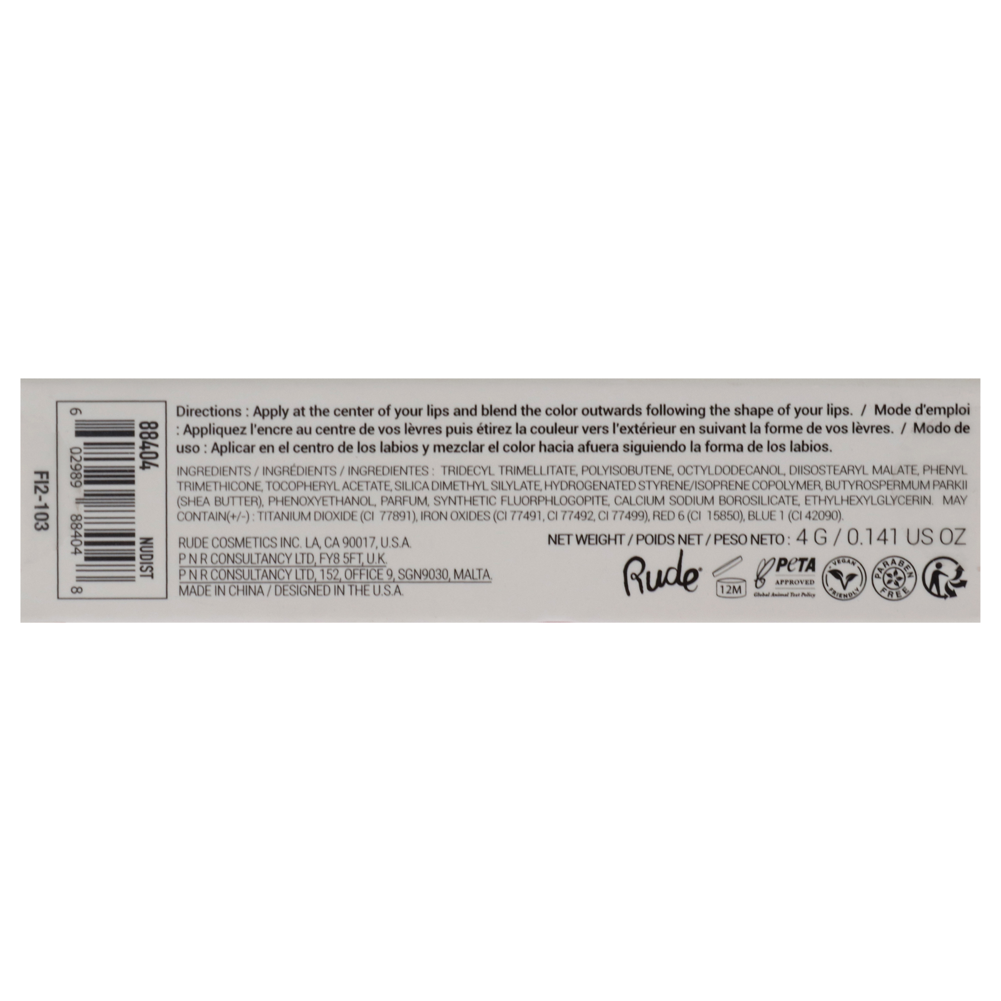 Foto 8 pulgar | Brillo De Labios Rude Cosmetics Berry Juicy 88404 Nudist Para Mujer - Venta Internacional.