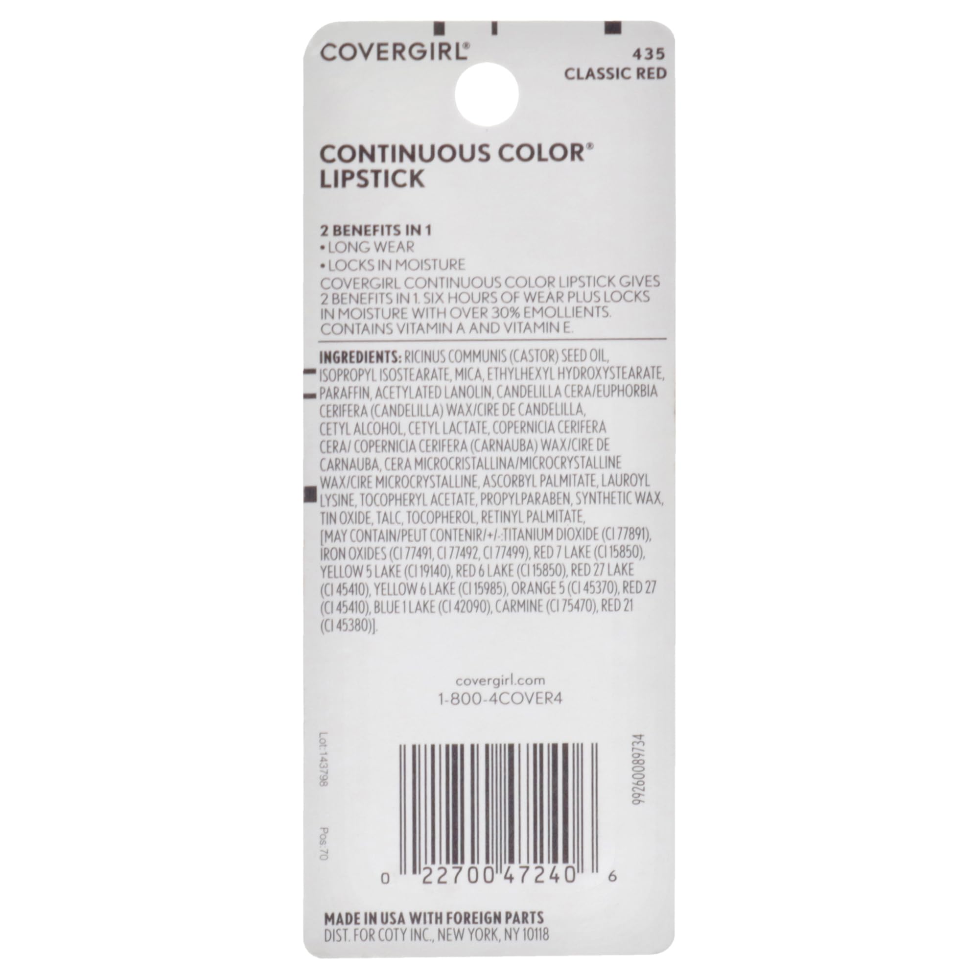 Foto 5 pulgar | Lápiz Labial Covergirl Continuous Color Classic Red 435 3,7 Ml - Venta Internacional.