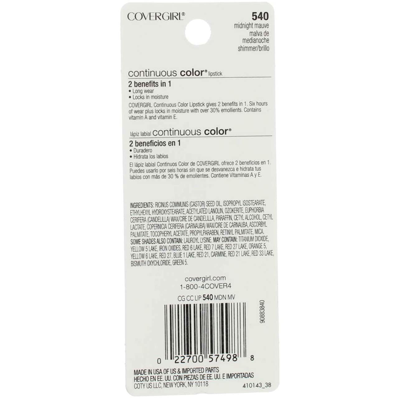 Foto 3 pulgar | Lápiz Labial Covergirl Continuous Color Midnight Mauve 540 3,8 Ml - Venta Internacional.