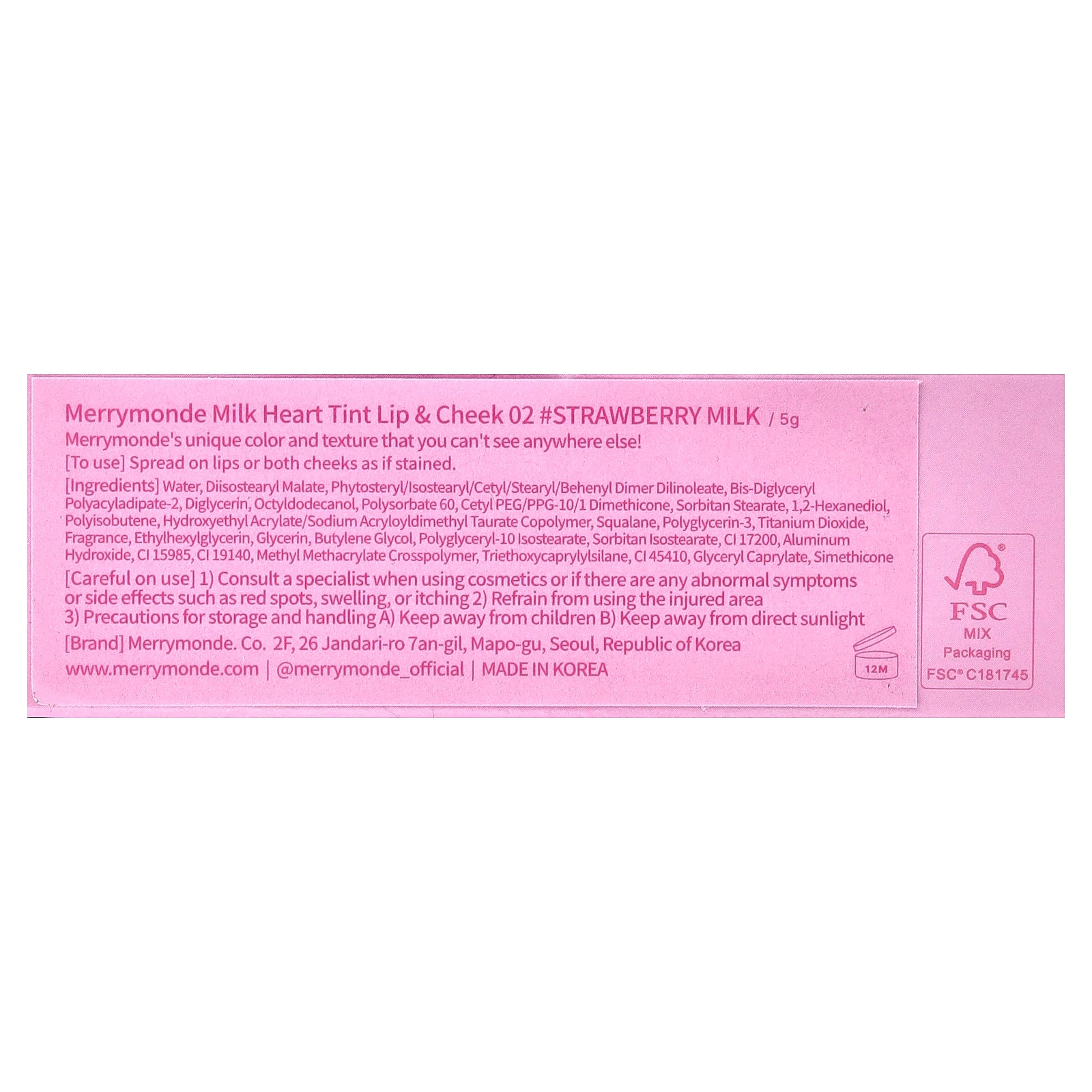 Foto 3 | Tinte Para Labios Y Mejillas Merrymonde Milk Heart 02 Strawberry Milk 5g - Venta Internacional.