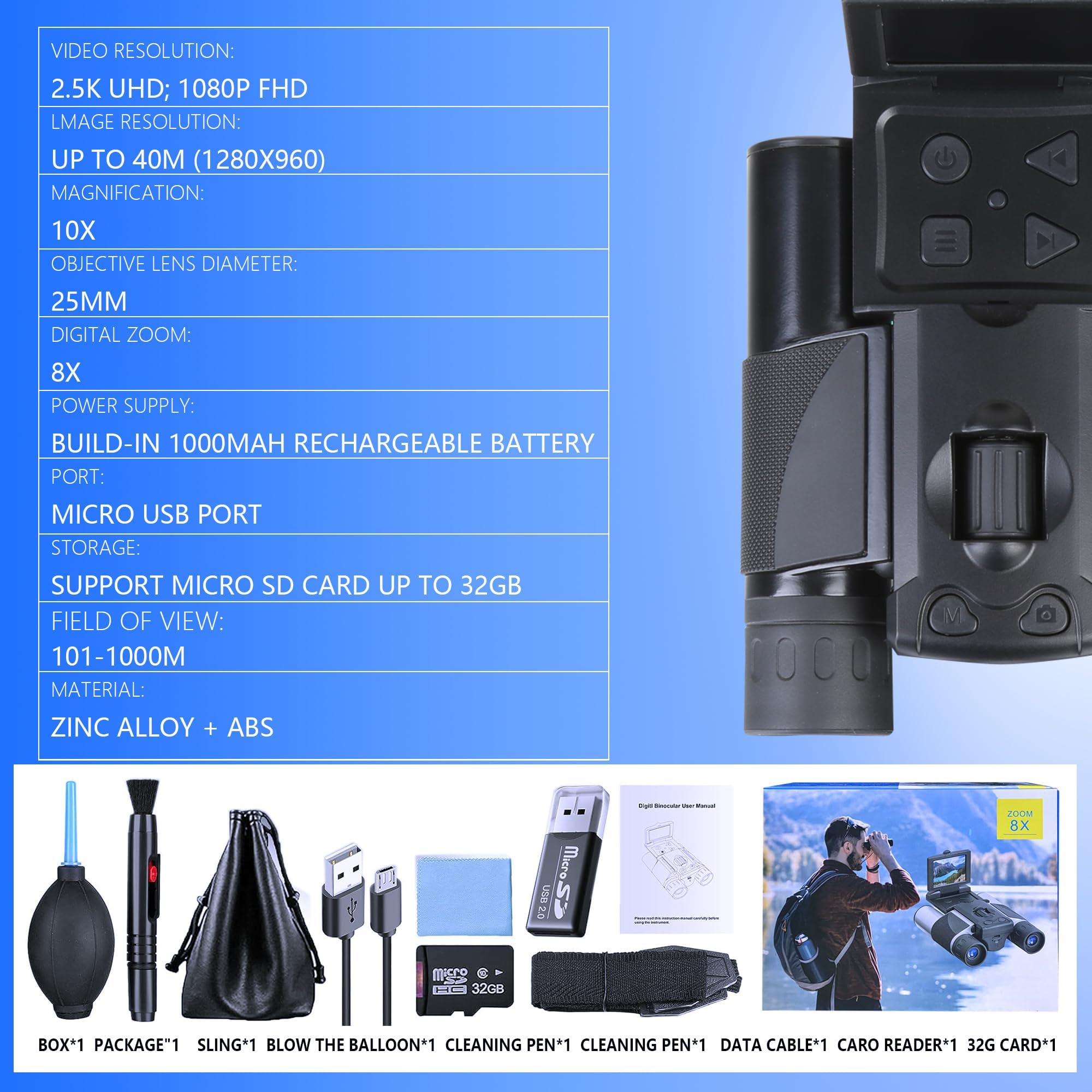 Foto 5 | Binoculares, Cámara Para Exteriores, Zoom De 10 Aumentos, 40 Mp, Vídeo Hd, Color Negro - Venta Internacional.