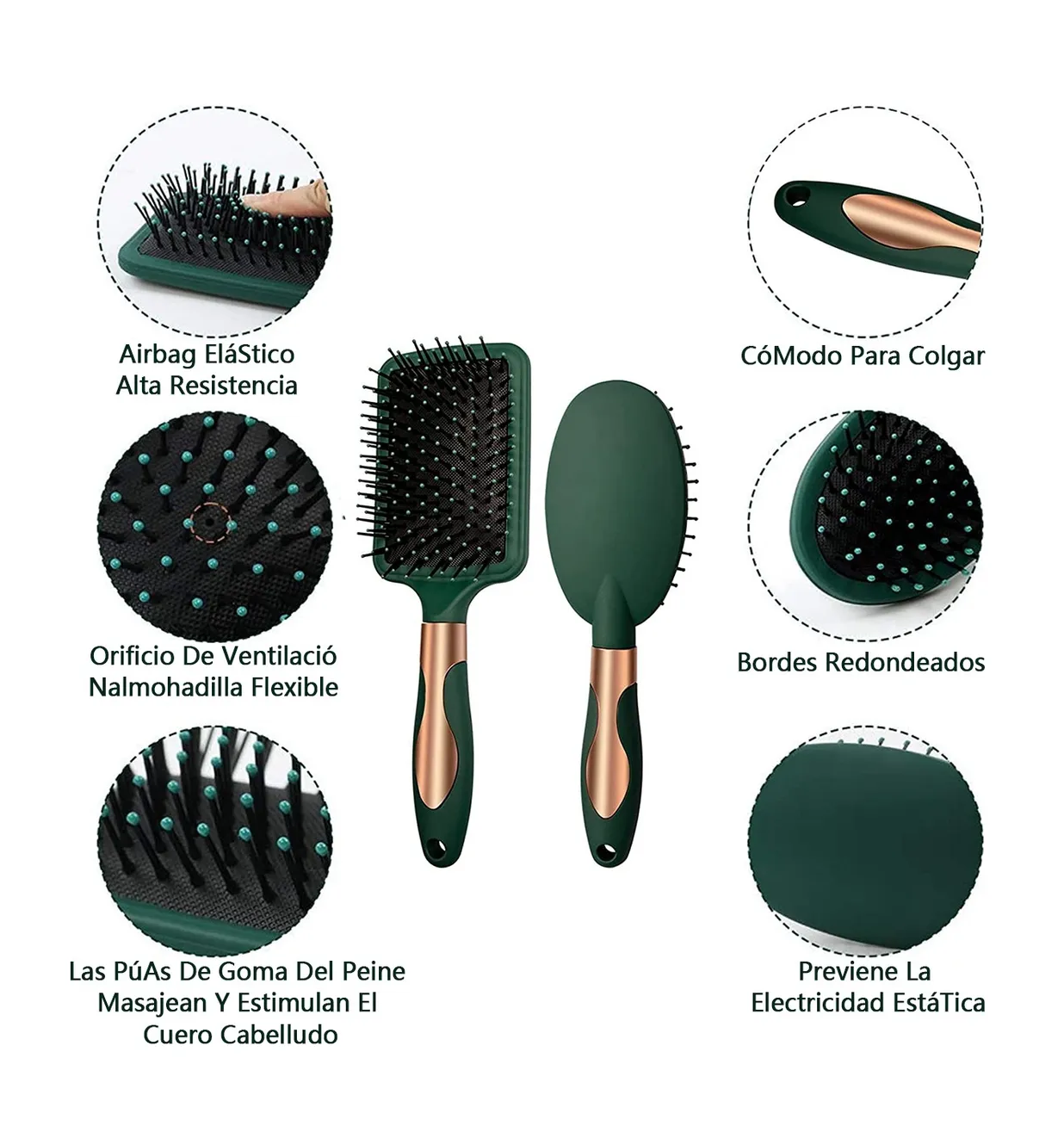 Foto 5 | Herramientas De Peluquería Peine Redondo 4 Unidades Verde Con Negro