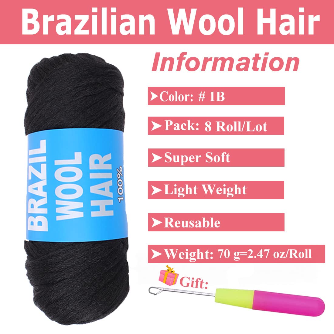Foto 2 | Cabello de Lana Brasileña Negra Natural de Yarn Cookoo 8 Rollos 560 G - Venta Internacional