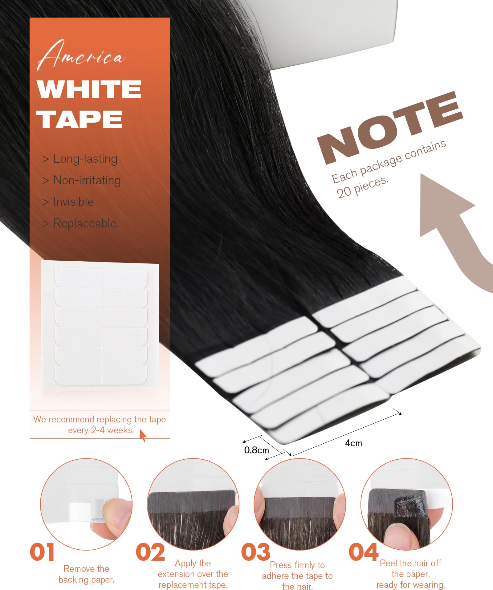 Foto 4 pulgar | Extensiones De Cabello Sunny Hair Tape En Cabello Humano, Color Negro, 22 Cm - Venta Internacional.